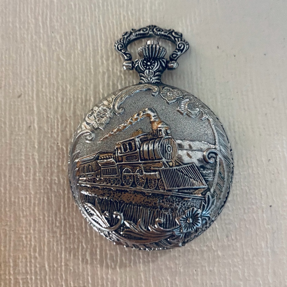 Vintage Silver Pocket Watch with Train Design